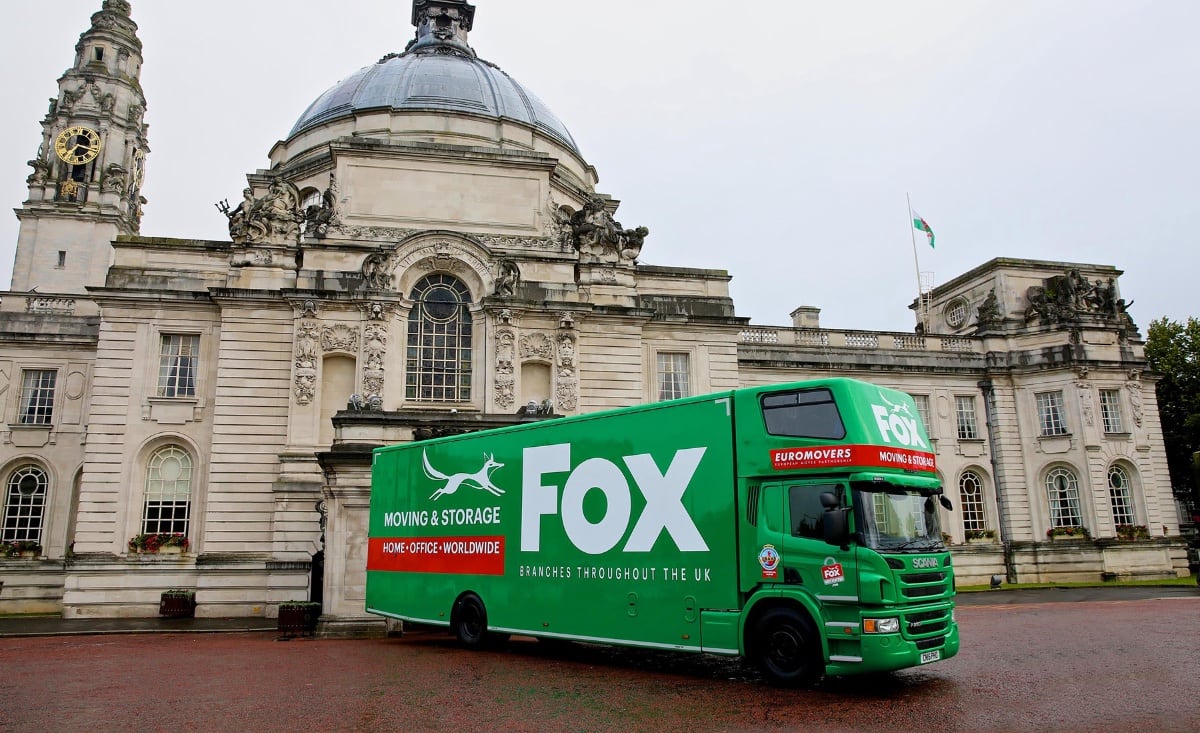 fox moving and storage van outside cardiff city hall